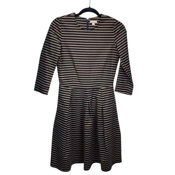 GAP Dress Women 0 Tan Black 3/4 Sleeves Zip Party Holiday Pockets Preppy Striped - Picture 3 of 15